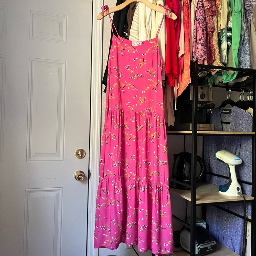 KOS RESORT pink floral viscose tiered sleeveless midi maxi dress